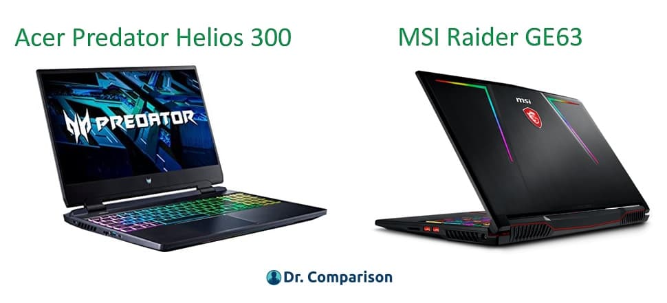 Showing Acer Predator helios 300 laptop and MSI raider GE63